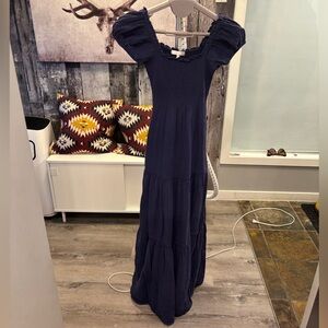 LoveShackFancy Navy Puff-Sleeve Tiered Maxi Dress